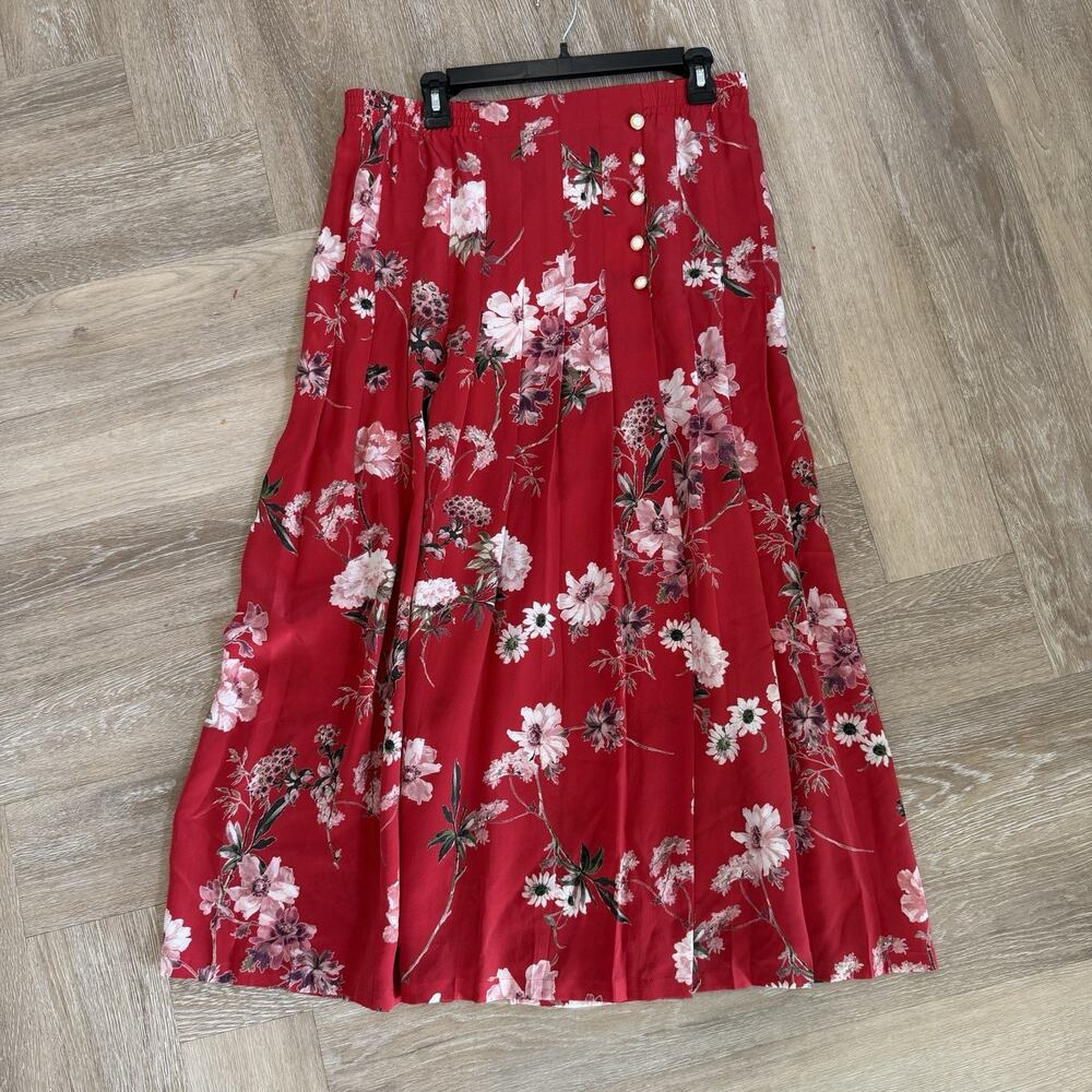 The Kooples Floral Silk Skirt Midi Size 3 USA 8-10 Red Moonlight